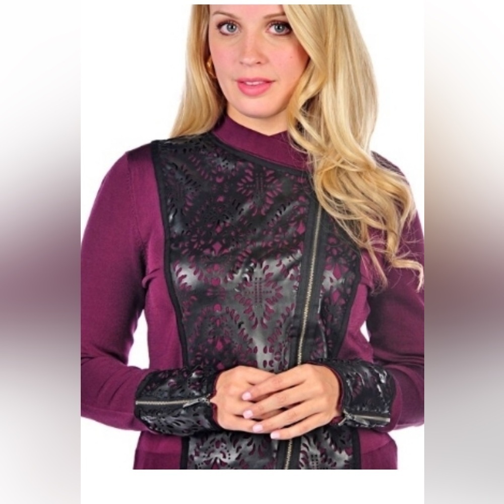 Naeem Khan 1X heavy warm maroon sweater/moto jacket w/ cutout faux leather